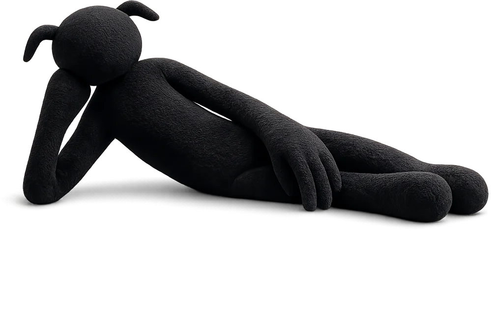terry, a long-limbed black fleece figure, reclining on its side